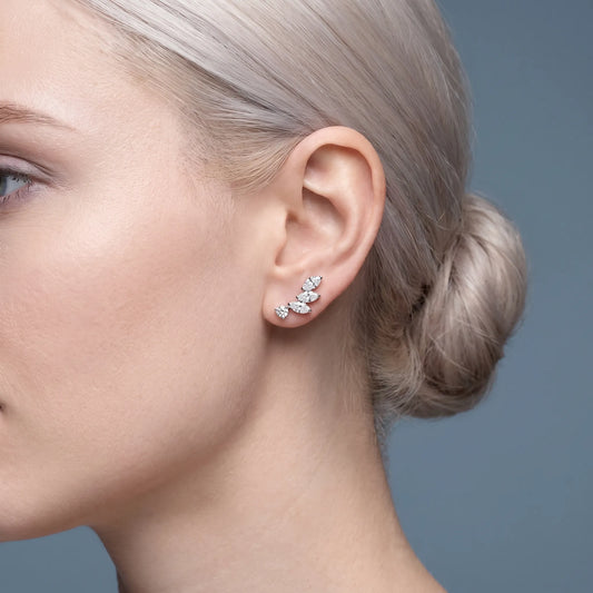 10KT White Gold Diamond Mixed Climber Earrings - worn close up