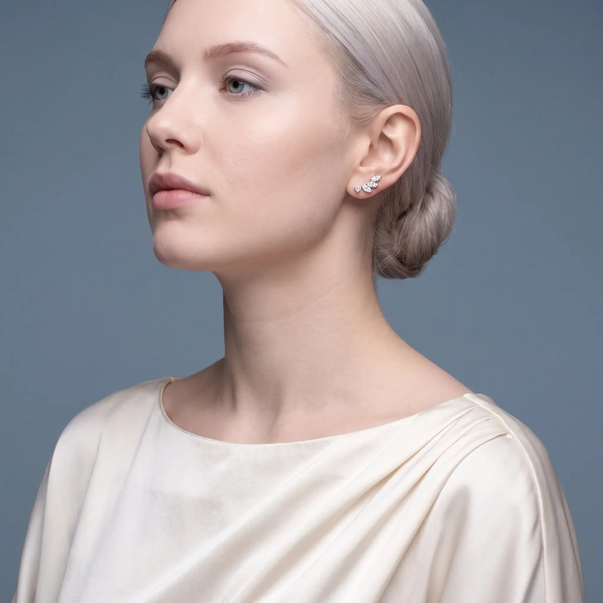 Silver Diamond Mixed Climber Earrings - model beauty shot