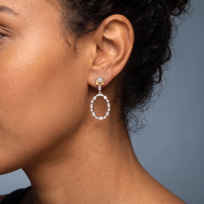 14KT Yellow Gold Diamond Oval Hoop Drop Earrings - worn close up