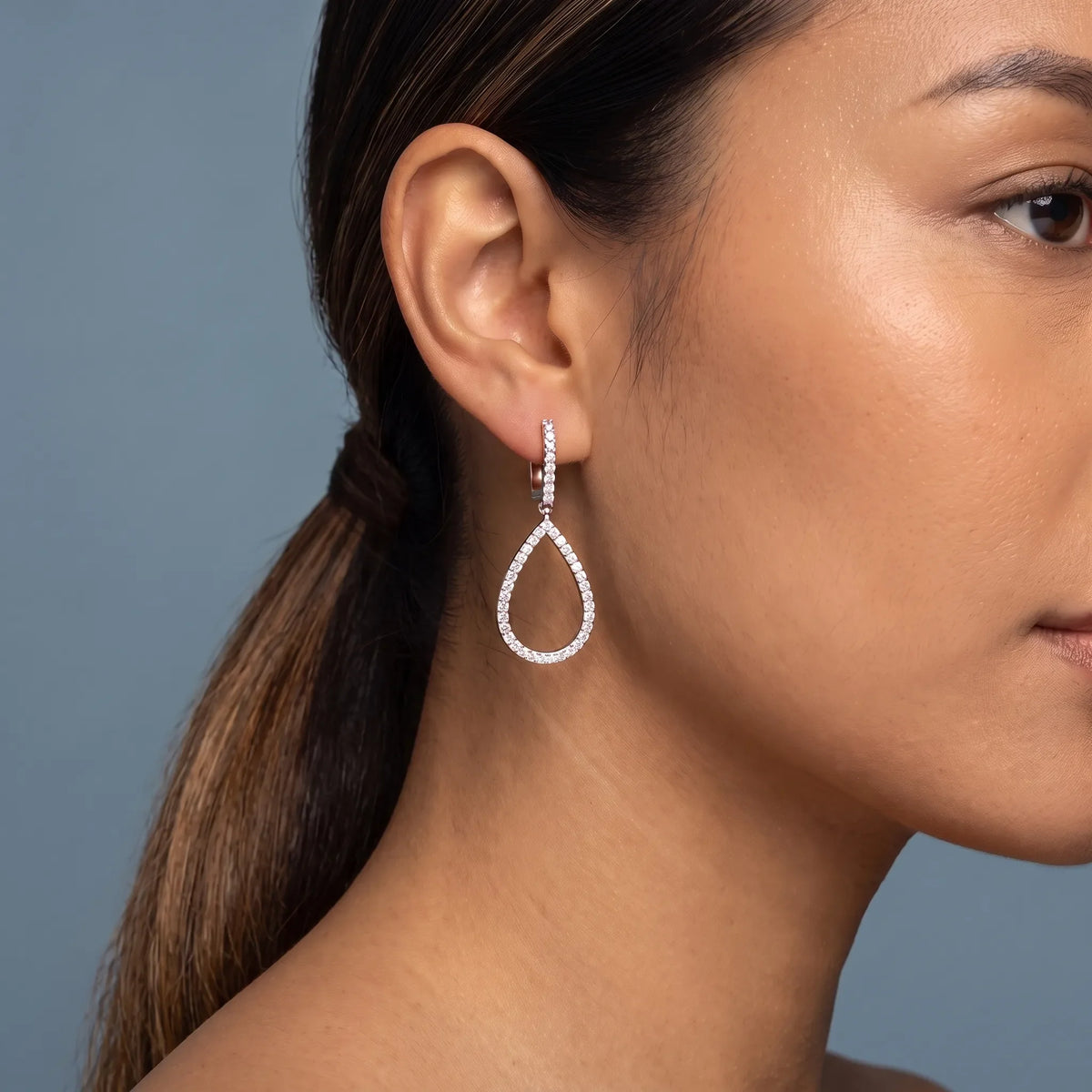 10KT Rose Gold Diamond Teardrop Pave Earrings - worn close up