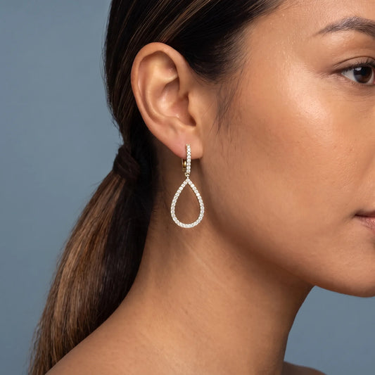 14KT Yellow Gold Diamond Teardrop Pave Earrings - worn close up