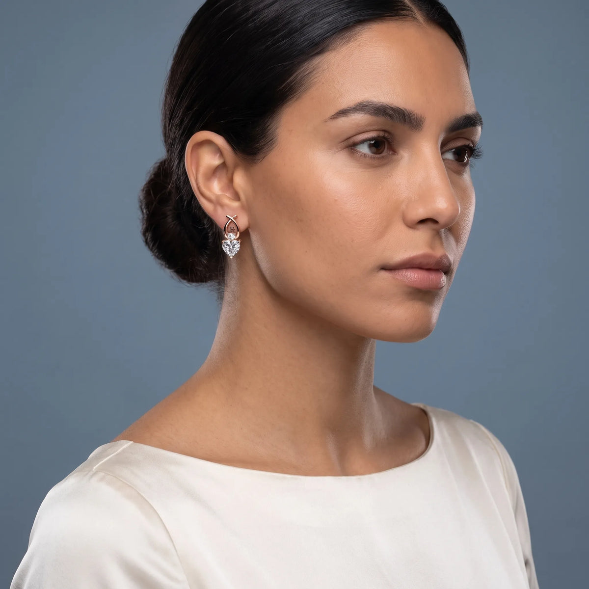 14KT Rose Gold Diamond Heart Drop Earrings - model beauty shot