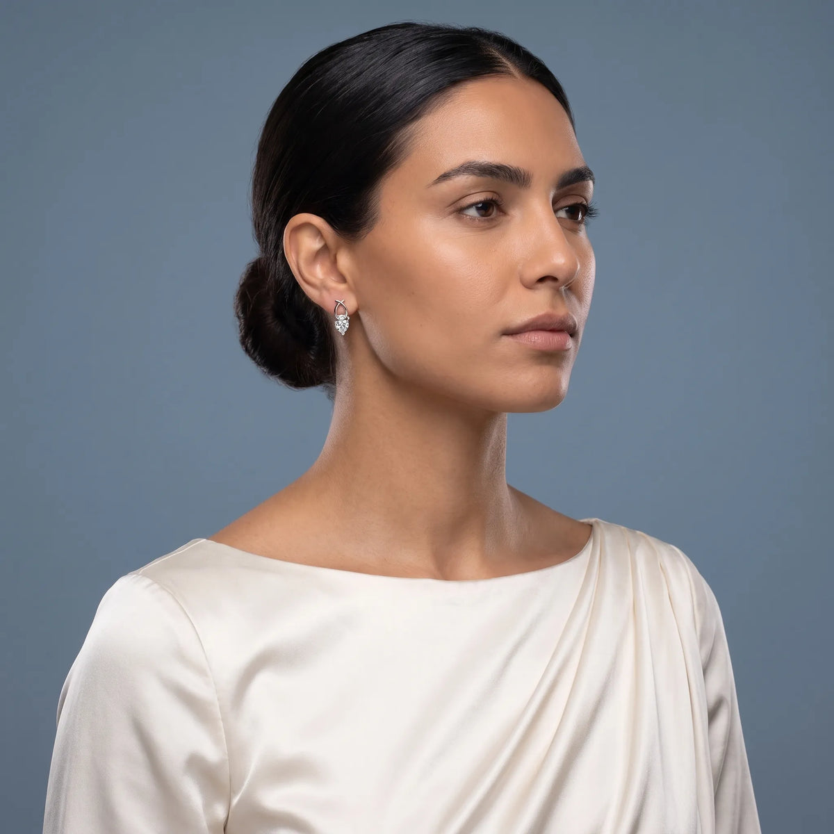 Silver Diamond Heart Drop Earrings - model beauty shot