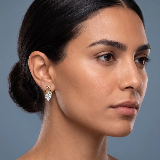 14KT Yellow Gold Diamond Heart Drop Earrings - worn close up