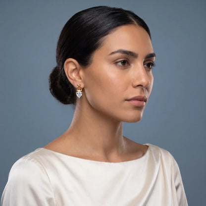 10KT Yellow Gold Diamond Heart Drop Earrings - model beauty shot