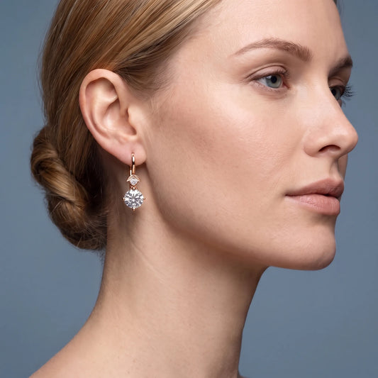 14KT Rose Gold Diamond Round Drop Earrings - worn close up