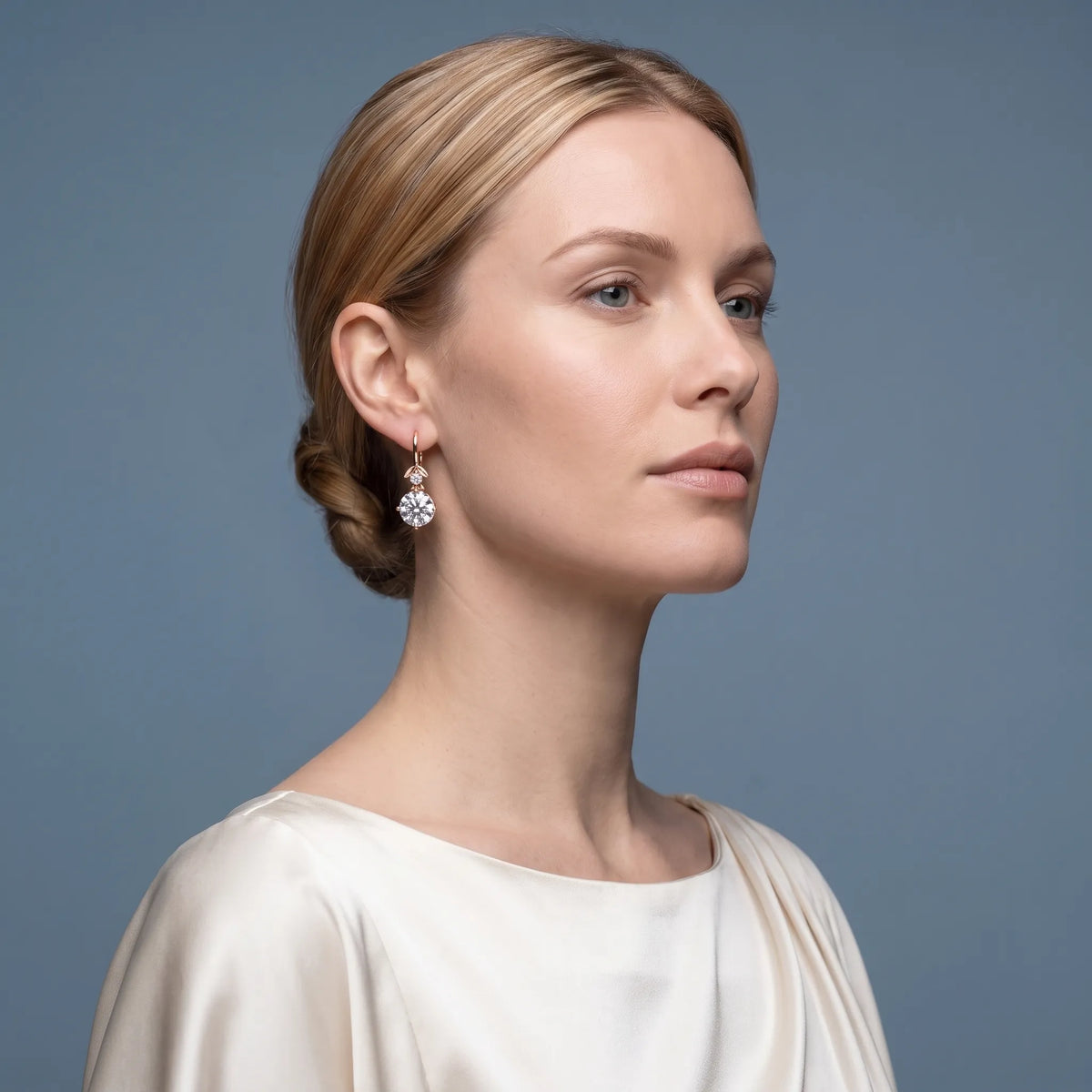 14KT Rose Gold Diamond Round Drop Earrings - model beauty shot