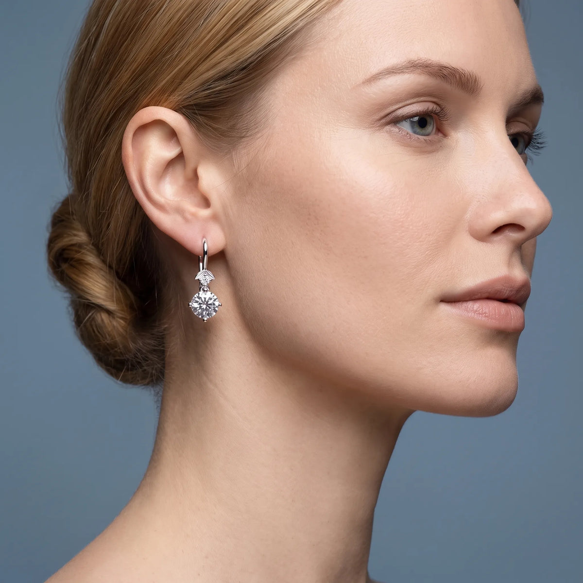 14KT White Gold Diamond Round Drop Earrings - worn close up