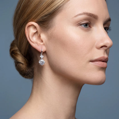 14KT White Gold Diamond Round Drop Earrings - worn close up