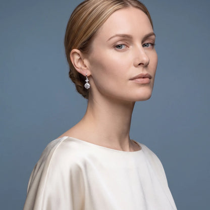 14KT White Gold Diamond Round Drop Earrings - model beauty shot