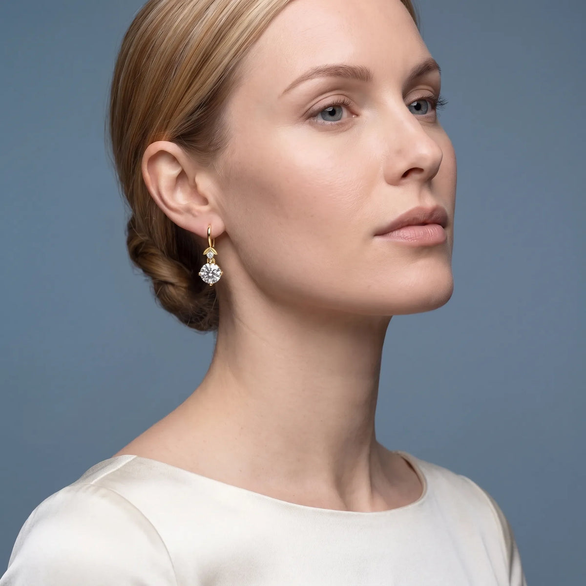 14KT Yellow Gold Diamond Round Drop Earrings - model beauty shot