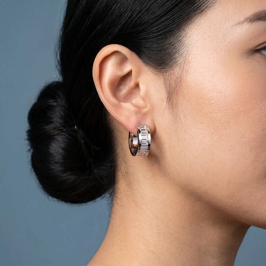 Platinum Diamond Baguette Hoop Earrings - worn close up
