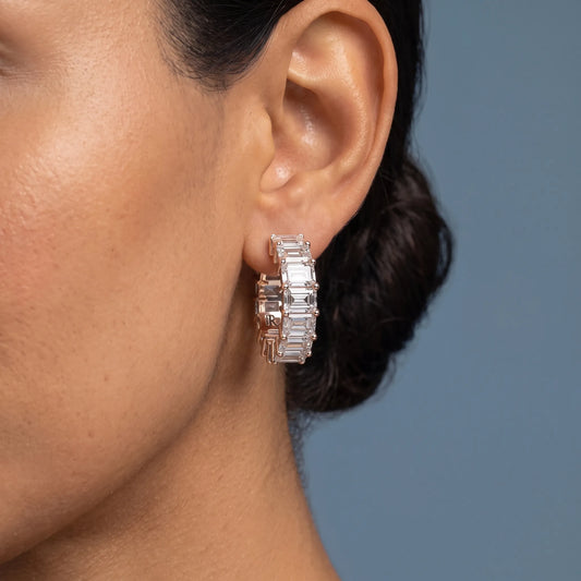 14KT Rose Gold Diamond Emerald Hoop Earrings - worn close up