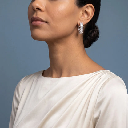 Platinum Diamond Emerald Hoop Earrings - model beauty shot