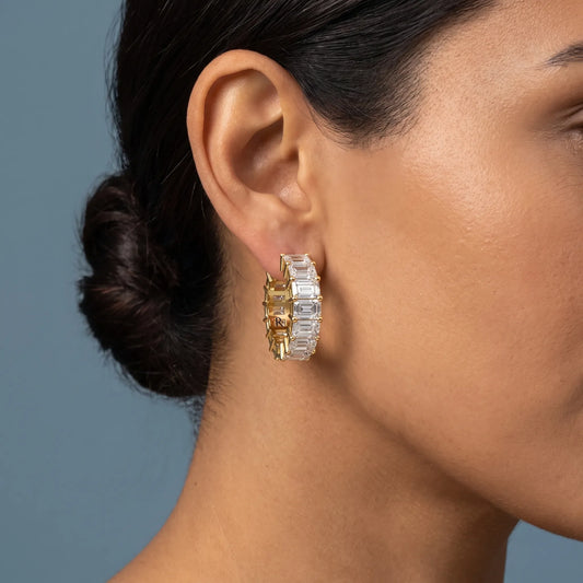 14KT Yellow Gold Diamond Emerald Hoop Earrings - worn close up