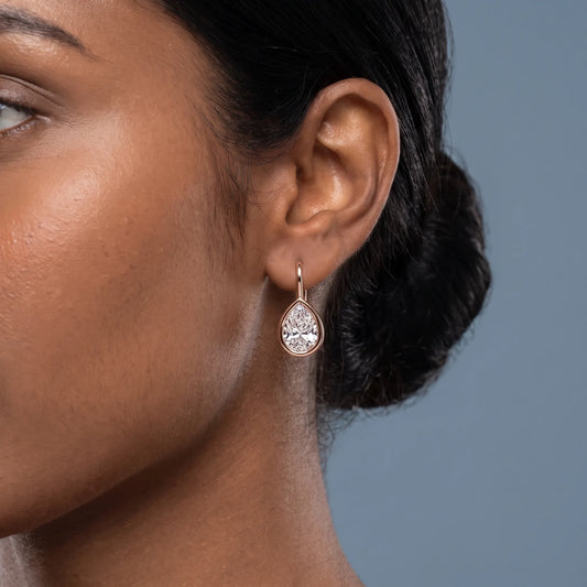 14KT Rose Gold Diamond Pear Drop Earrings - worn close up