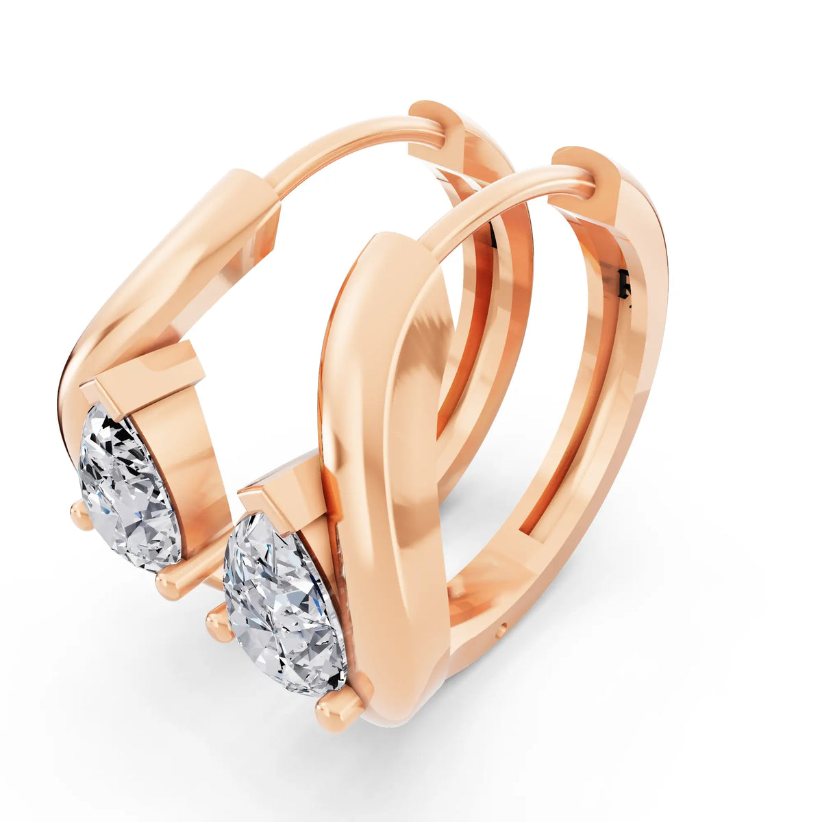 Rose Gold Pear Lab Grown Diamond Three-Stone Hoop Earrings, campaign image