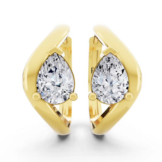Yellow Gold Pear Lab Grown Diamond Three-Stone Hoop Earrings, front view