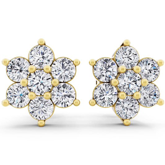 Yellow Gold Lab Grown Diamond Flower Cluster Earrings, front view