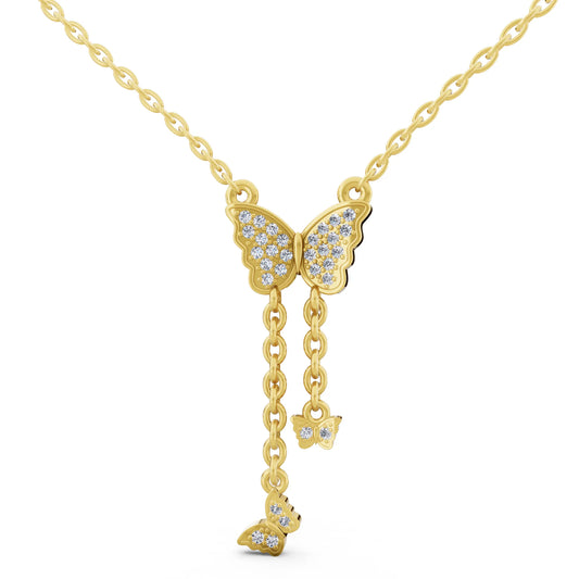 Yellow Gold Butterfly Dangling Chain Lab Grown Diamond Pendant