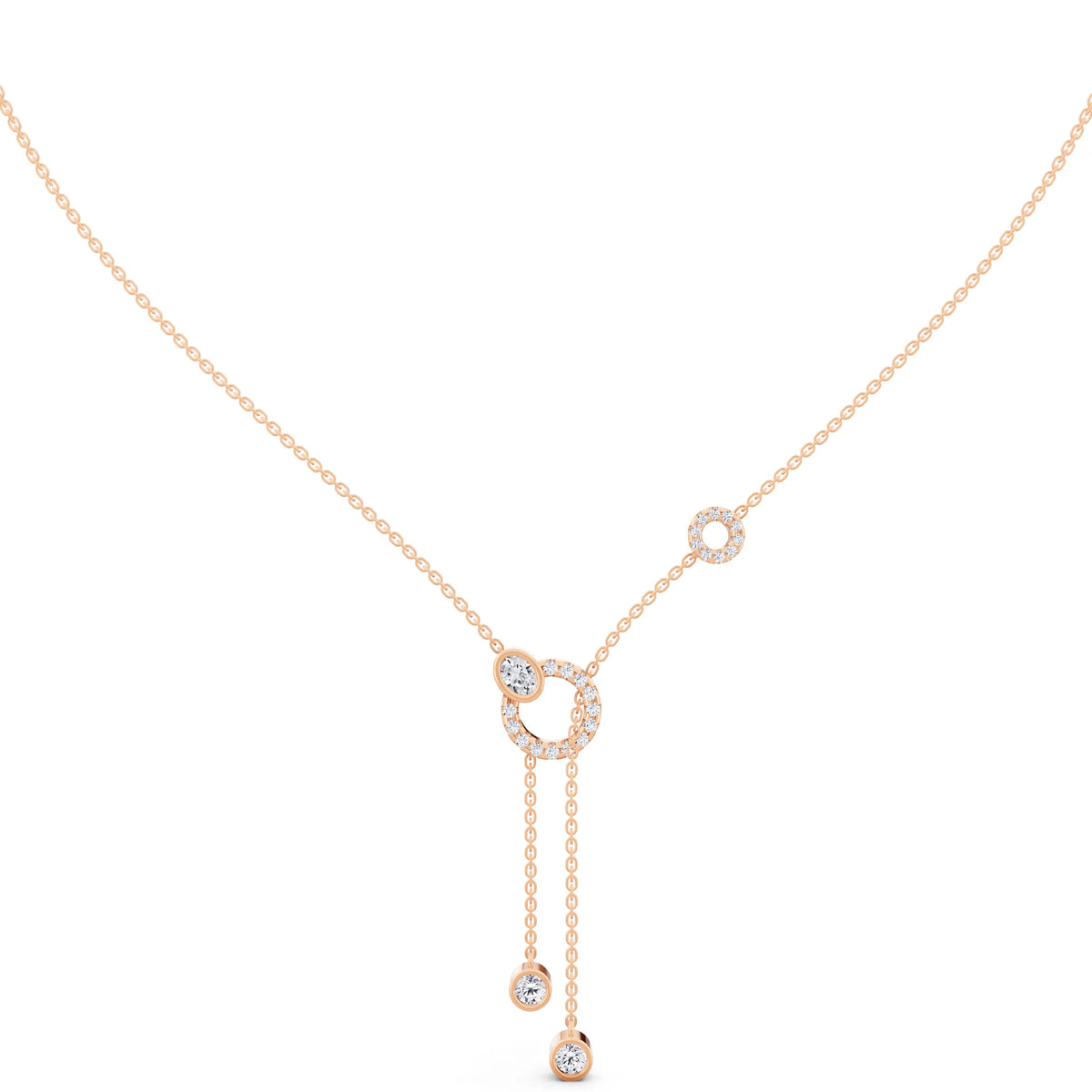 Rose Gold Double Chain Drop Circle Lab Grown Diamond Necklace, view 6