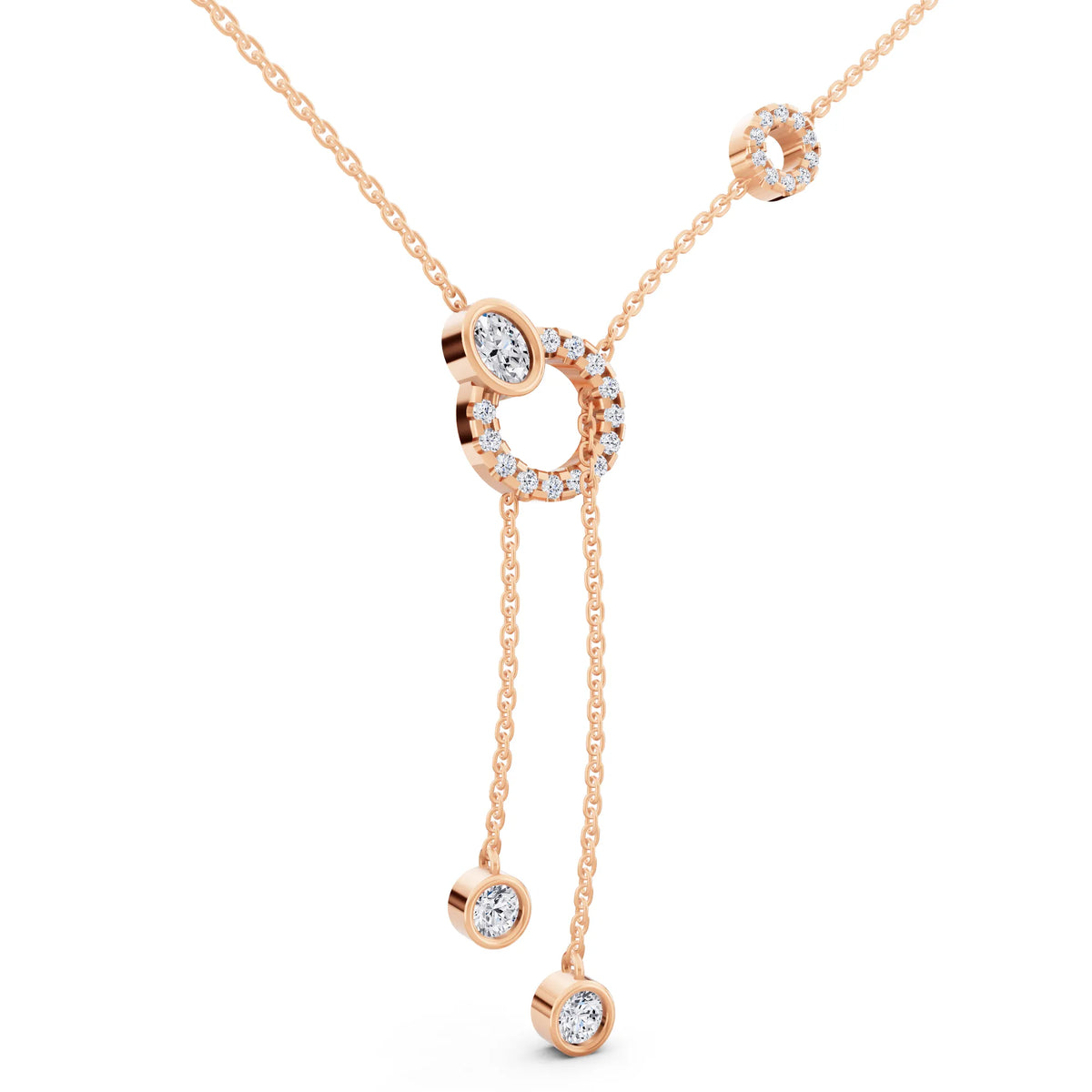 Rose Gold Double Chain Drop Circle Lab Grown Diamond Necklace, view 4