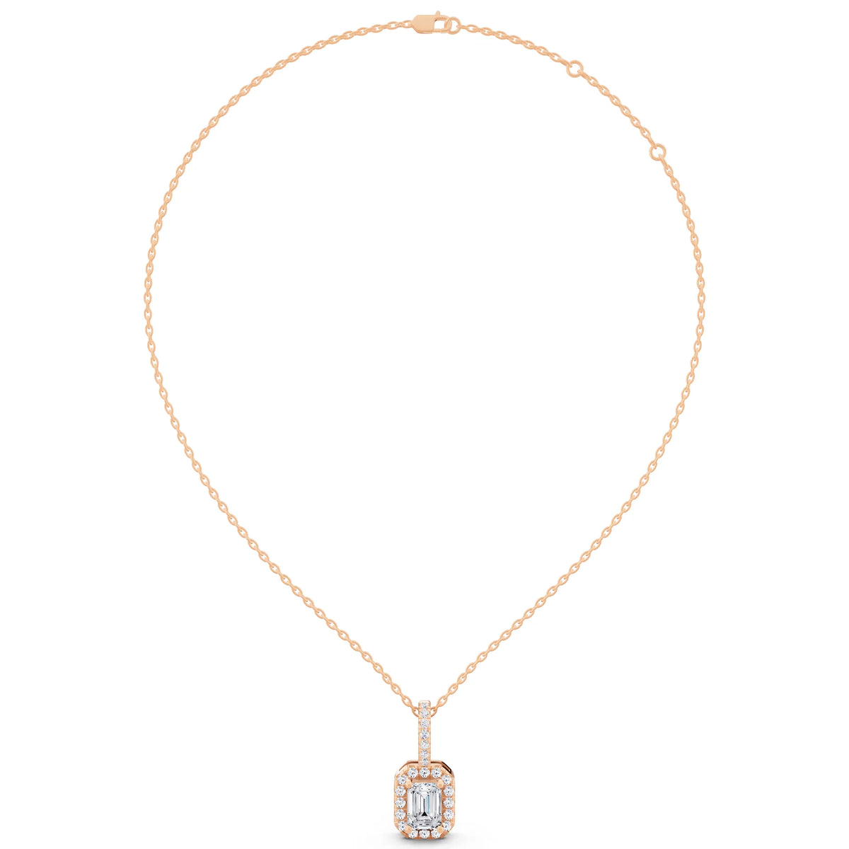 Rose Gold Emerald Lab Grown Diamond Halo Pendant, view 5