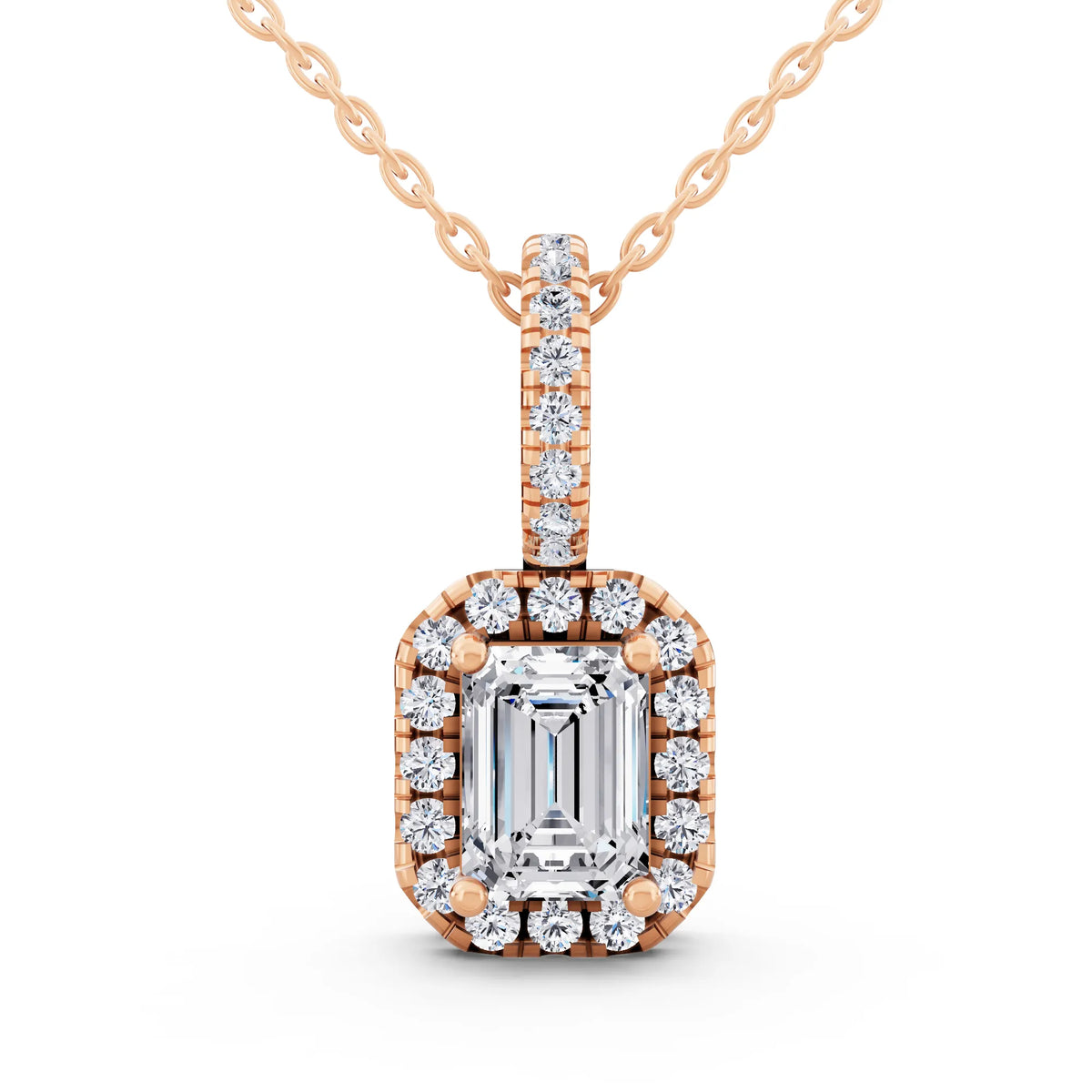 Rose Gold Emerald Lab Grown Diamond Halo Pendant