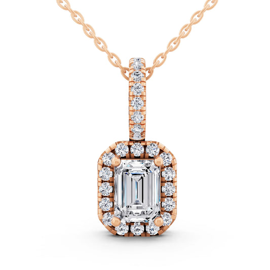 Rose Gold Emerald Lab Grown Diamond Halo Pendant