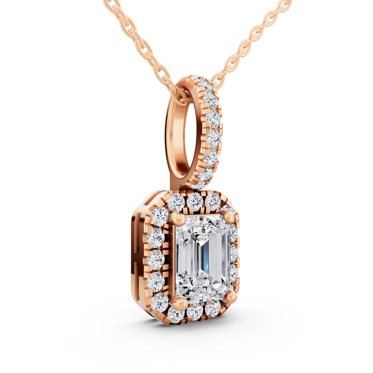 Rose Gold Emerald Lab Grown Diamond Halo Pendant, view 3