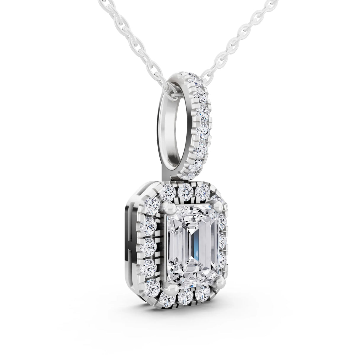 Emerald Lab Grown Diamond Halo Pendant, view 3