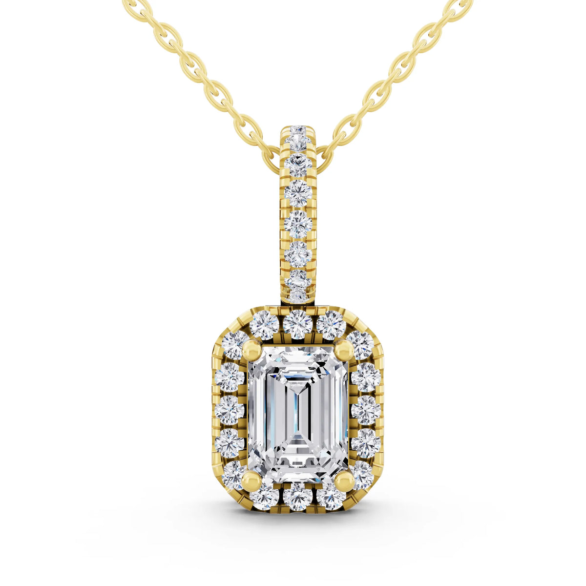 Yellow Gold Emerald Lab Grown Diamond Halo Pendant