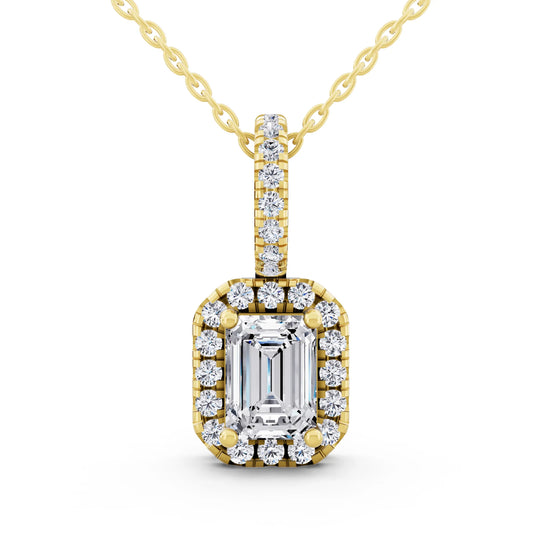 Yellow Gold Emerald Lab Grown Diamond Halo Pendant