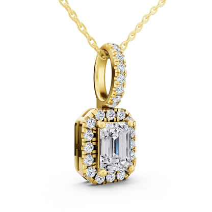 Yellow Gold Emerald Lab Grown Diamond Halo Pendant, view 3