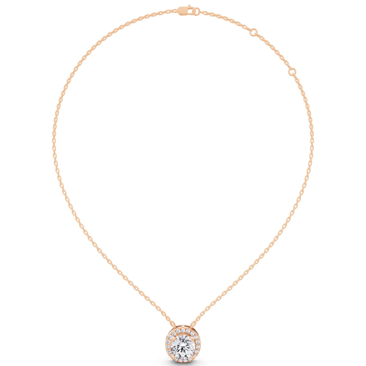 Rose Gold Classic Round Lab Grown Diamond Halo Pendant, view 5