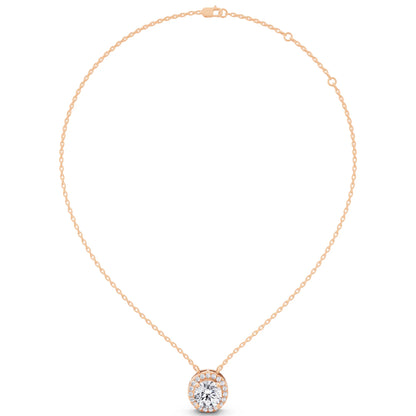 Rose Gold Classic Round Lab Grown Diamond Halo Pendant, view 5