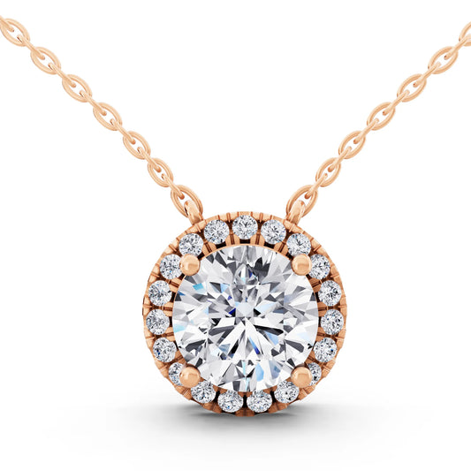 Rose Gold Classic Round Lab Grown Diamond Halo Pendant