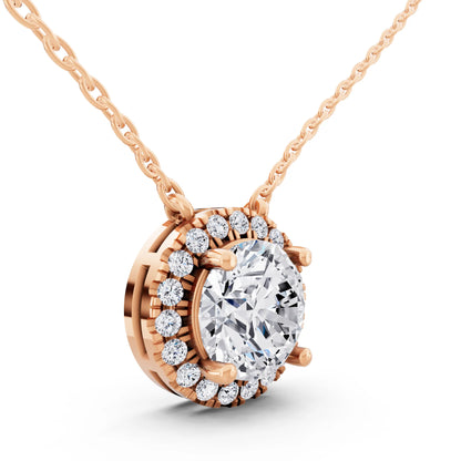 Rose Gold Classic Round Lab Grown Diamond Halo Pendant, view 3