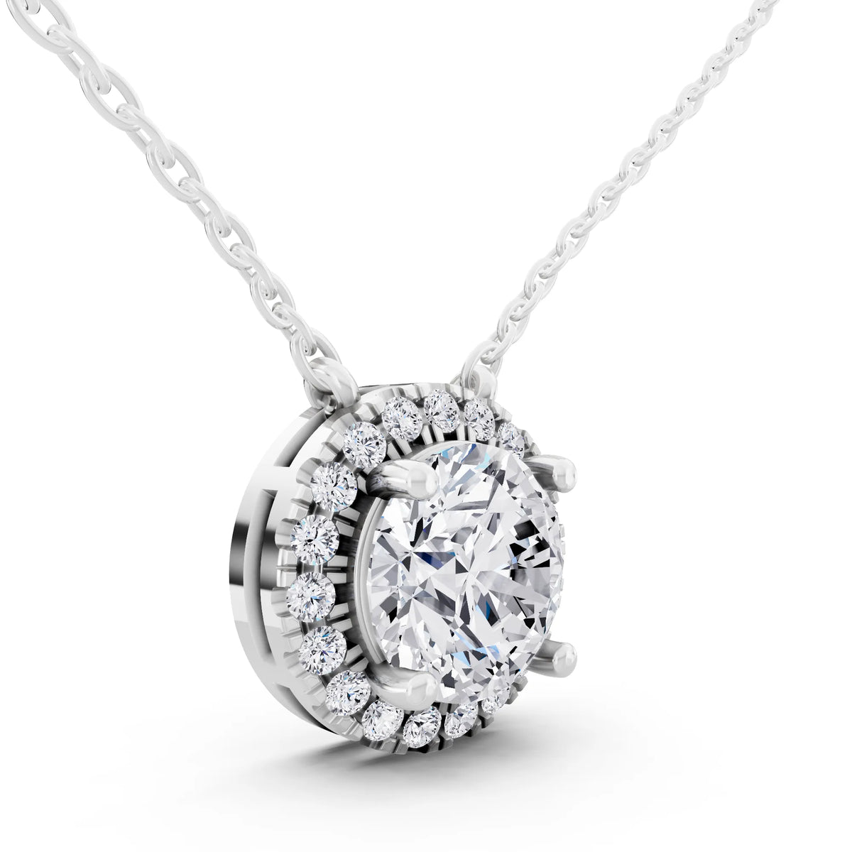 Classic Round Lab Grown Diamond Halo Pendant, view 3