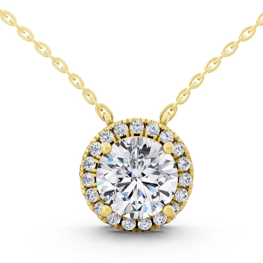 Yellow Gold Classic Round Lab Grown Diamond Halo Pendant