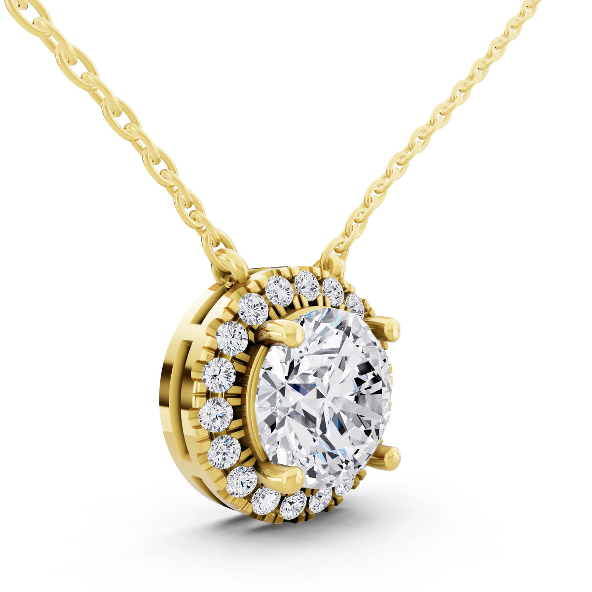 Yellow Gold Classic Round Lab Grown Diamond Halo Pendant, view 3