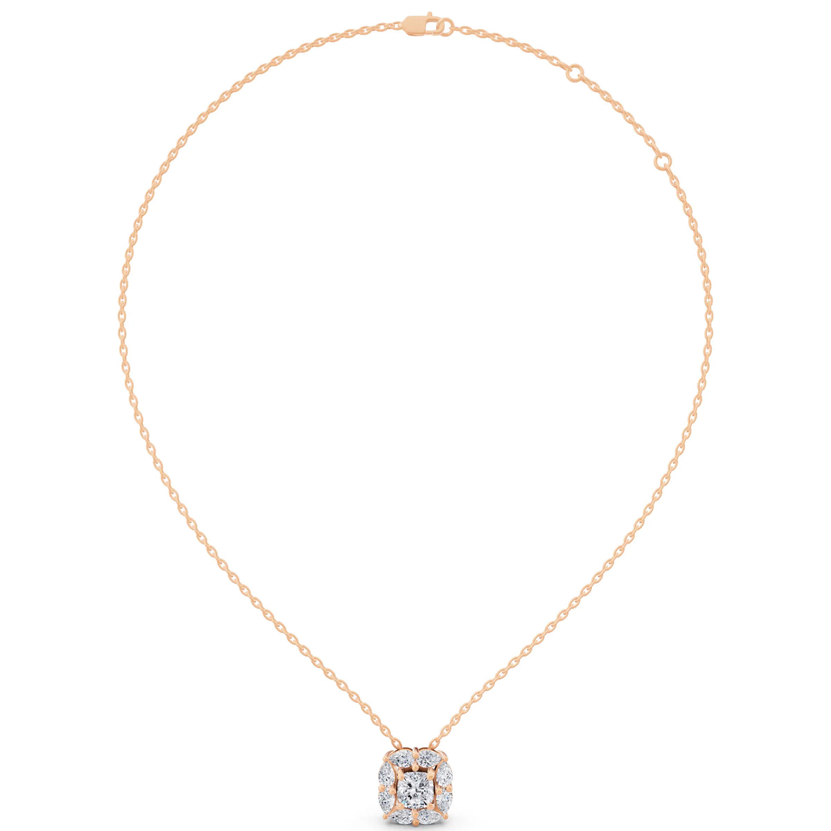 Rose Gold Cushion Lab Grown Diamond Floral Halo Pendant, view 5