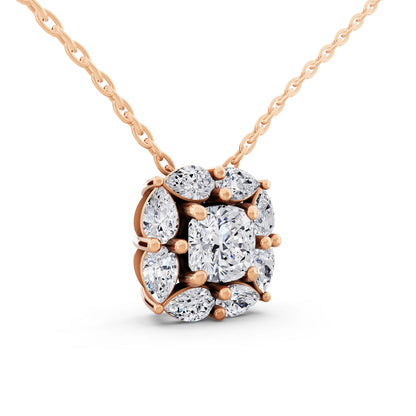 Rose Gold Cushion Lab Grown Diamond Floral Halo Pendant, view 3