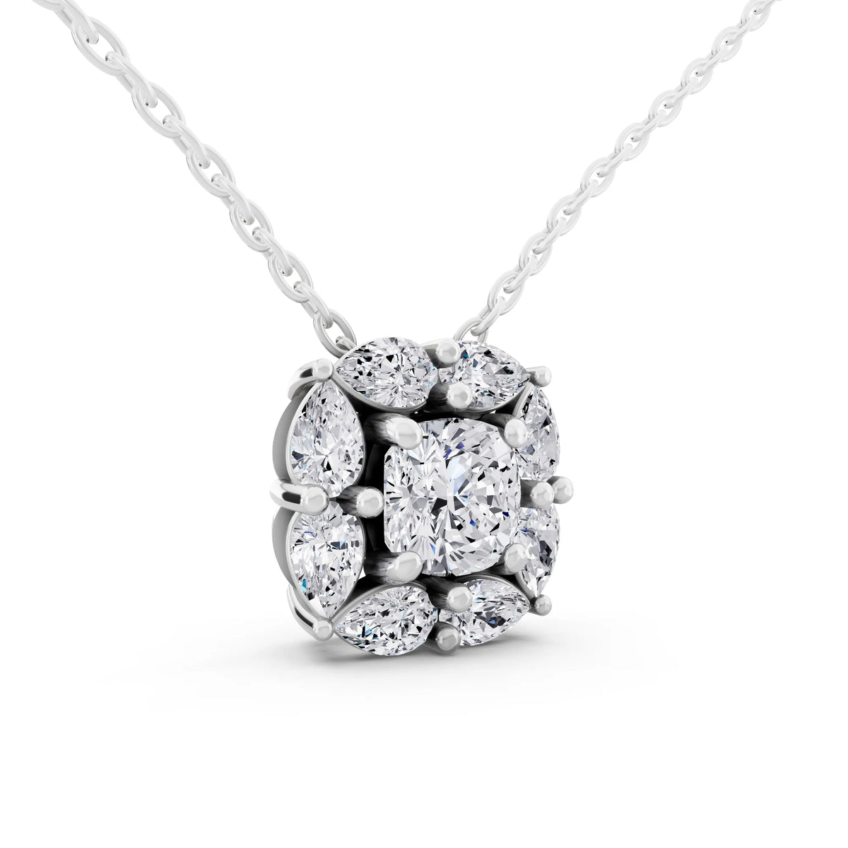 Cushion Lab Grown Diamond Floral Halo Pendant, view 3