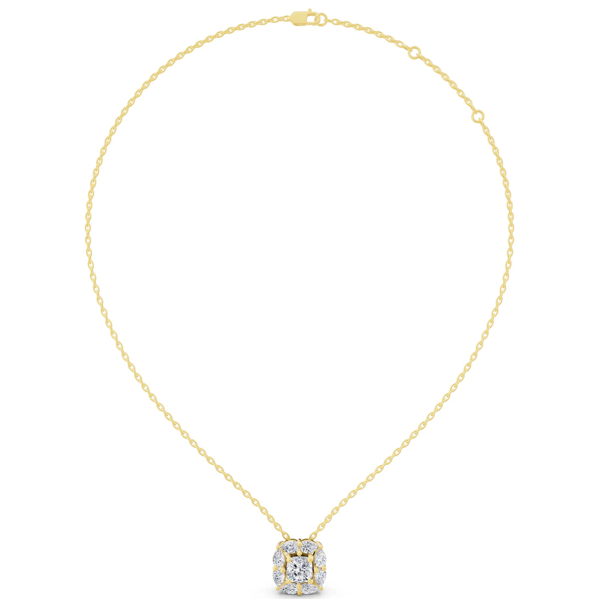Yellow Gold Cushion Lab Grown Diamond Floral Halo Pendant, view 5