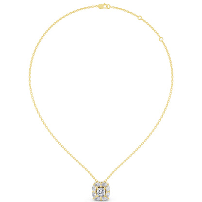 Yellow Gold Cushion Lab Grown Diamond Floral Halo Pendant, view 5