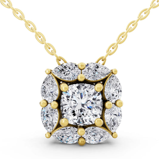Yellow Gold Cushion Lab Grown Diamond Floral Halo Pendant