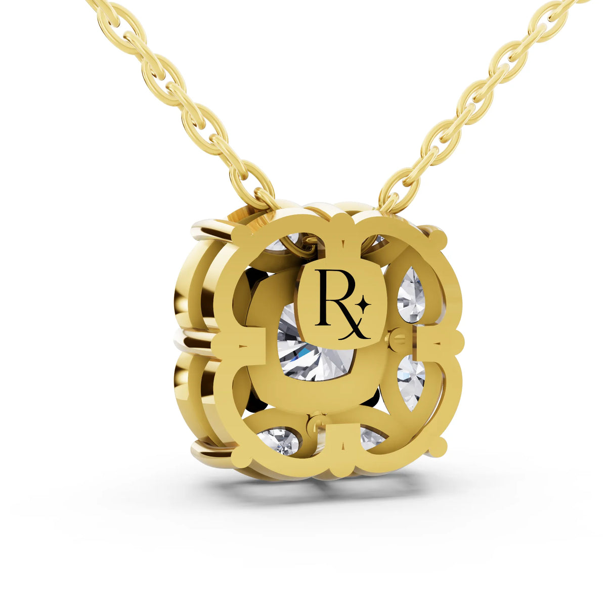 Yellow Gold Cushion Lab Grown Diamond Floral Halo Pendant, view 4