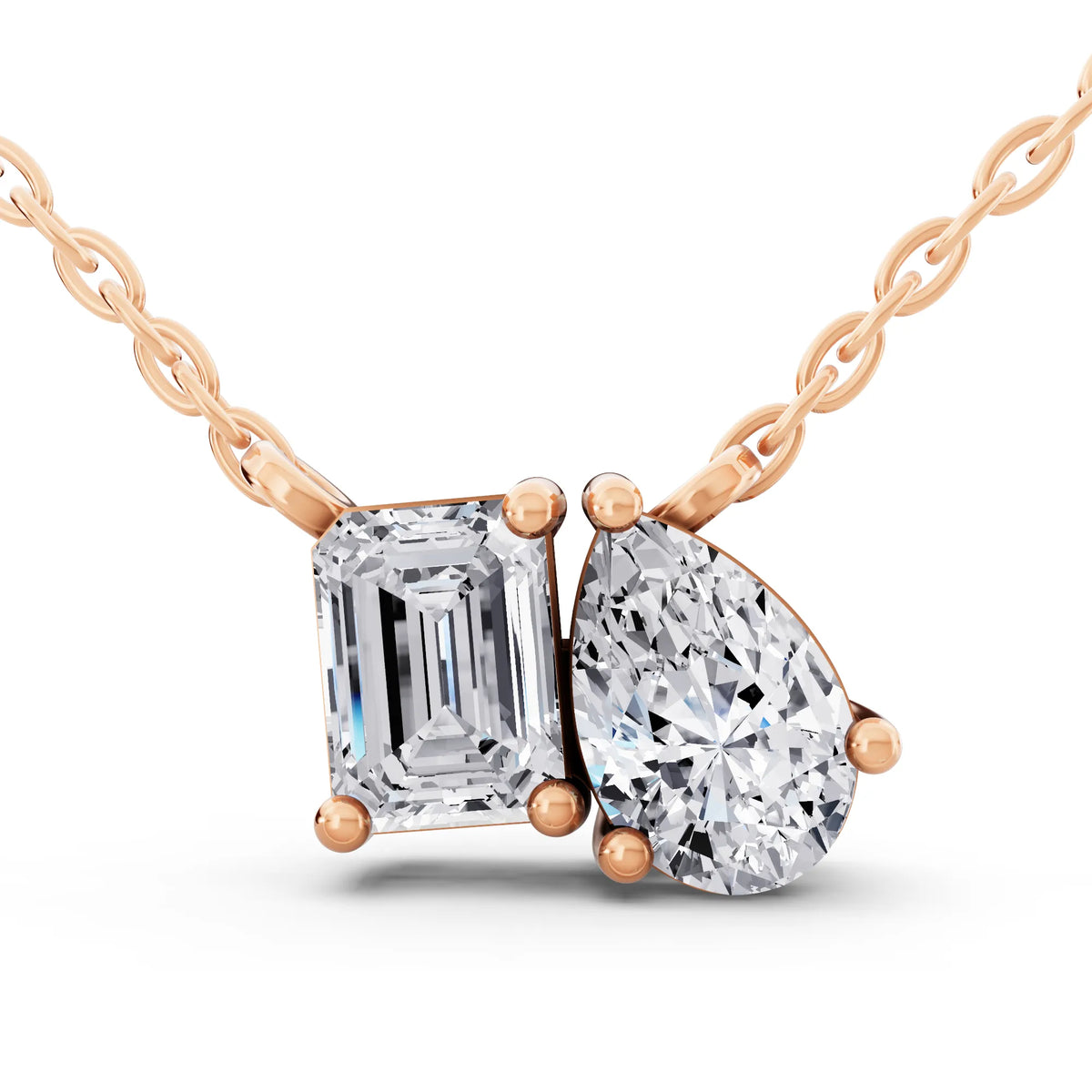 Rose Gold Emerald Pear Two Stone Lab Grown Diamond Pendant