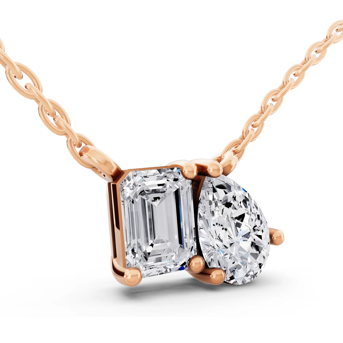 Rose Gold Emerald Pear Two Stone Lab Grown Diamond Pendant, view 3
